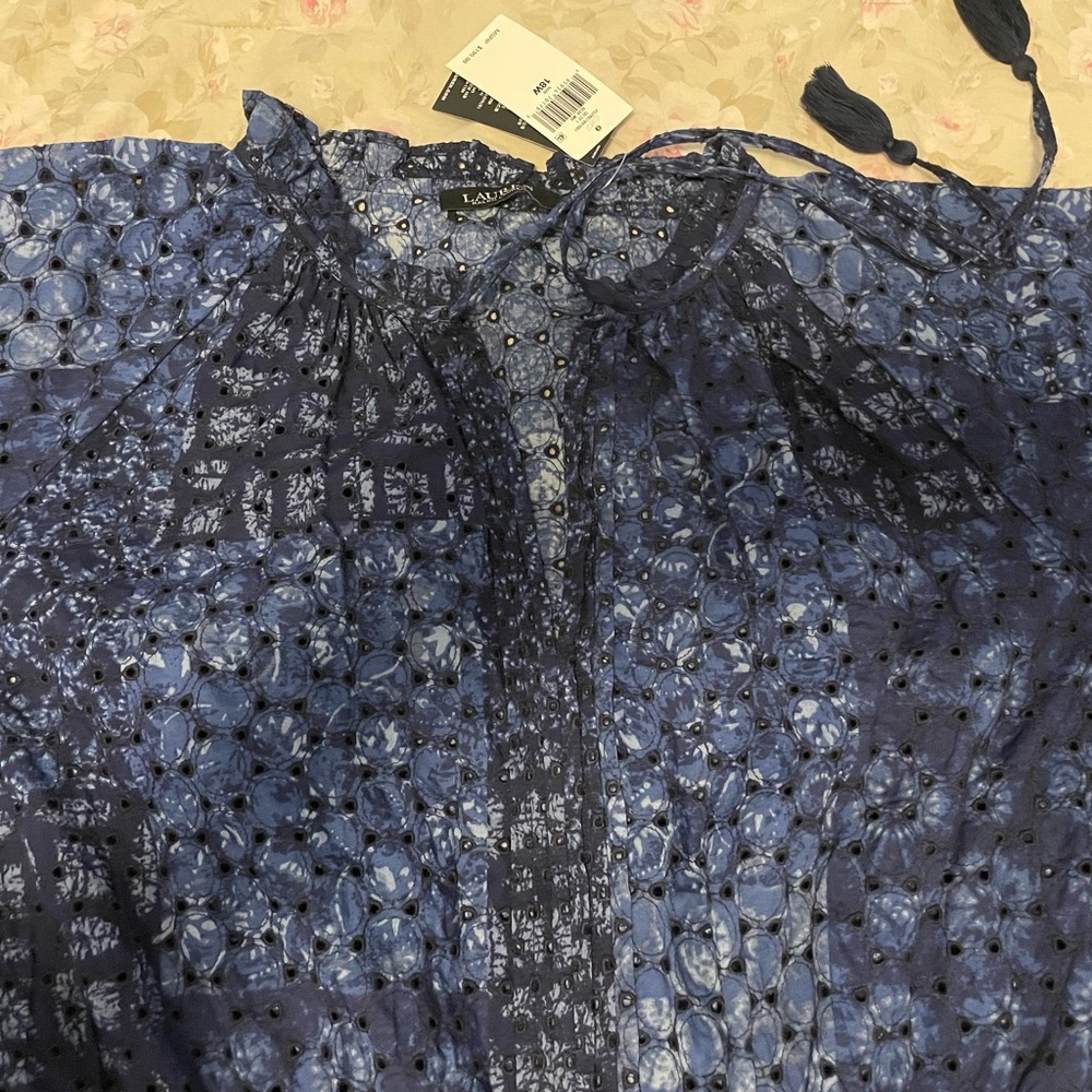 Ralph Lauren, eyelet navy blue dress, lined skirt, tiered skirt, 100% cotton.